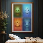 Quatre symboles géométriques représentant les quatre éléments - terre, air, feu et eau - ornent avec élégance la pièce, créant une atmosphère apaisante et méditative.