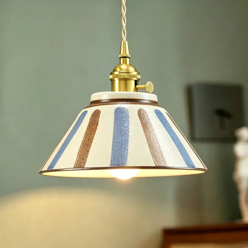 lampe suspendue vintage blanc bleu fleurs rayures cordon ajustable ampoule E27 chambre salon restaurant