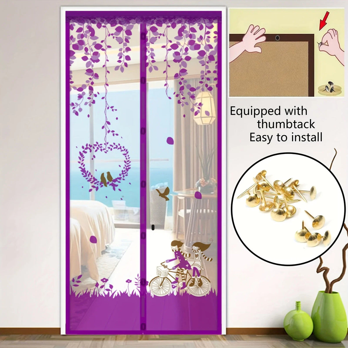 rideau porte magnétique violet fleurs feuilles moderne opacité ventilation anti insectes