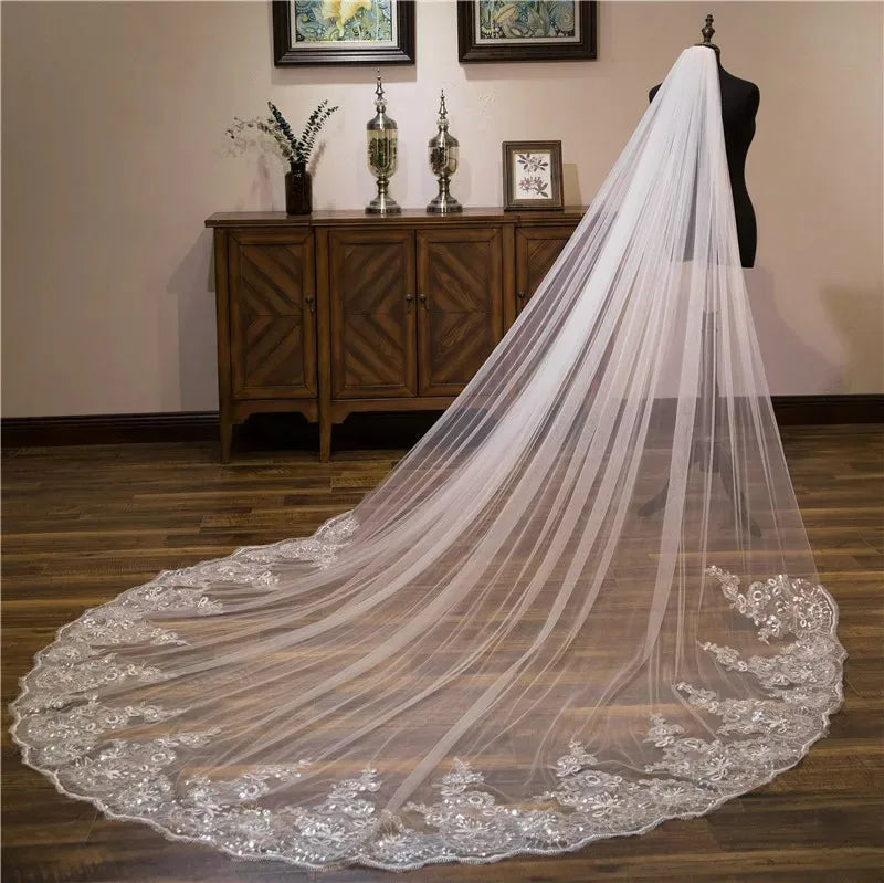 voile mariée blanc broderie florale sequins classique tulle souple dentelle 3mètres translucent erotique