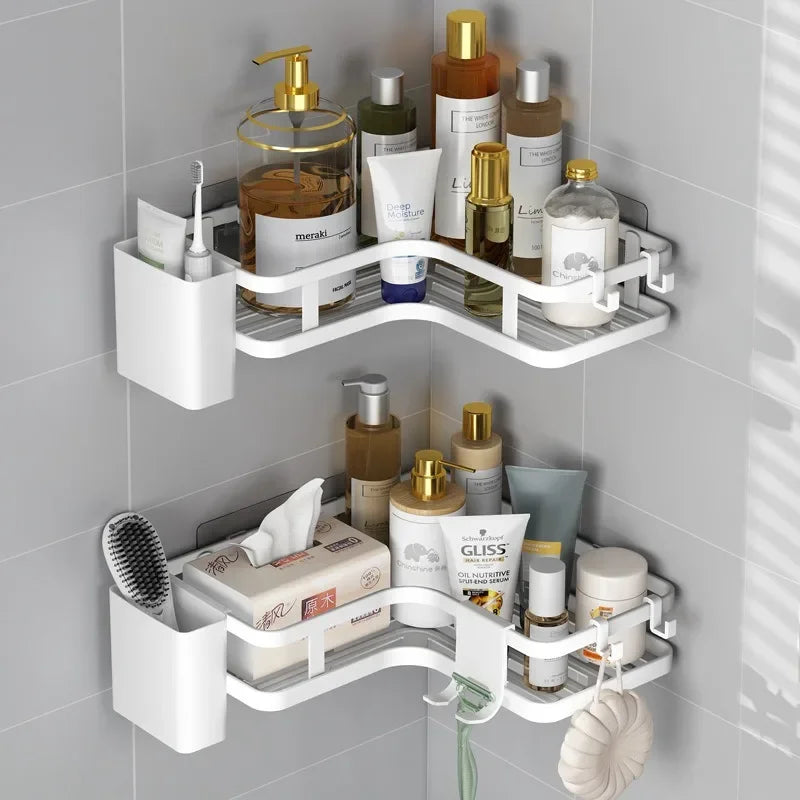 étagère salle bain angle double couche adhésive blanche noire moderne multifonctionnelle rangement muralement fixée
