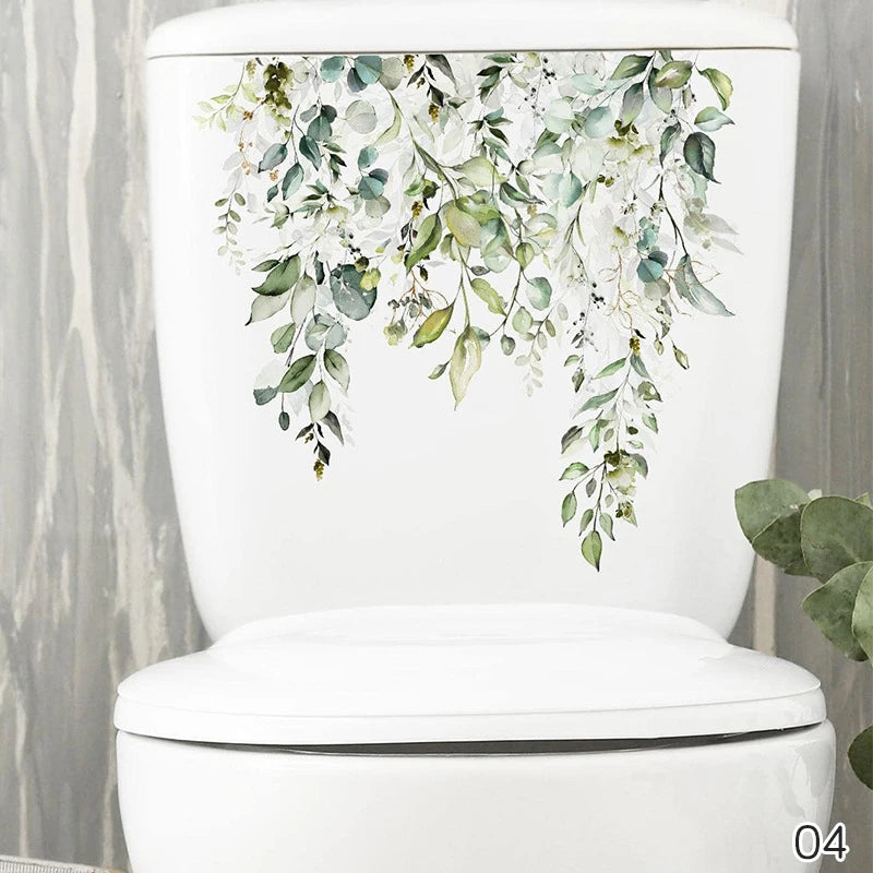 autocollant mural décoration toilettes motif feuilles fleurs floral opaques blanc