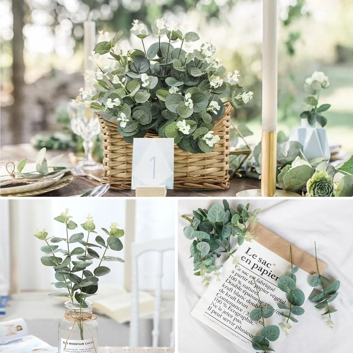 feuilles eucalyptus artificielles vertes blanches bouquet mariage décoration intérieur naturel rustique