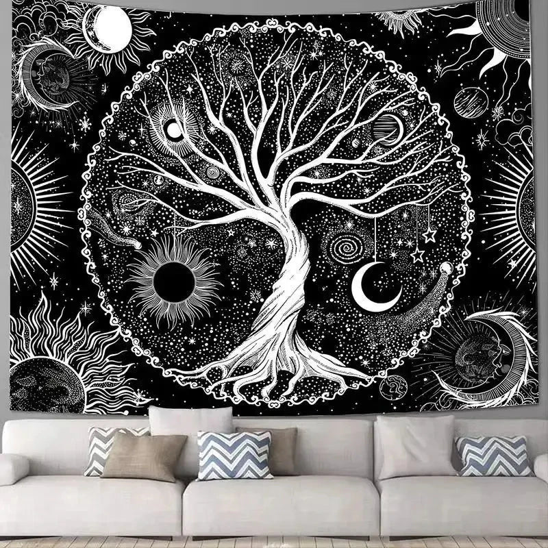 tapis mural bohème arbre vie soleil lune motifs végétaux noir blanc decoration