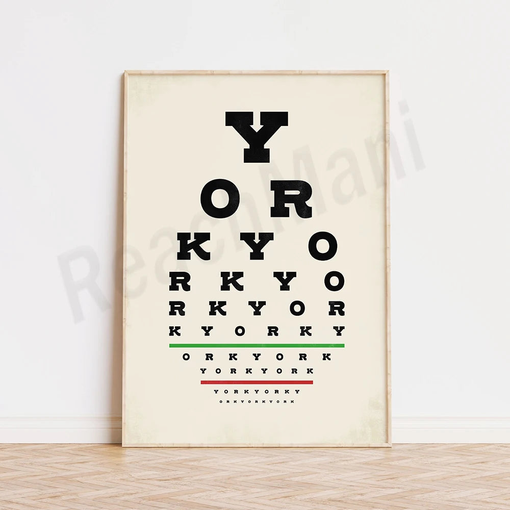 Affiche d'examen de la vue avec des lettres et du texte en anglais.