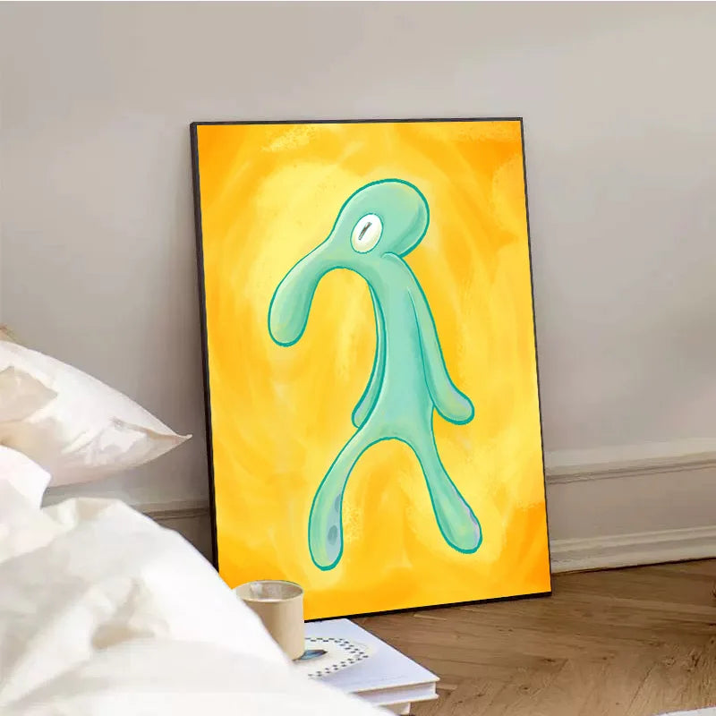 toile d'art moderne abstraite calmar dessin animé verte jaune impression sans cadre chambre salon