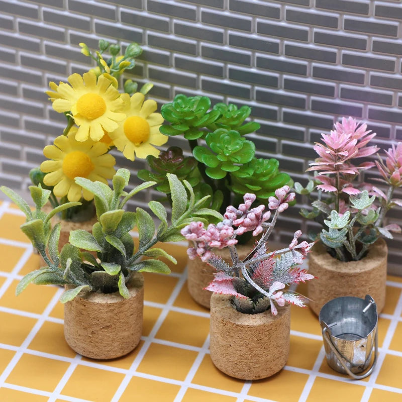 miniature plante artificielle pots liège feuilles vertes fleurs jaunes rosesDecoration jardin vert naturelle