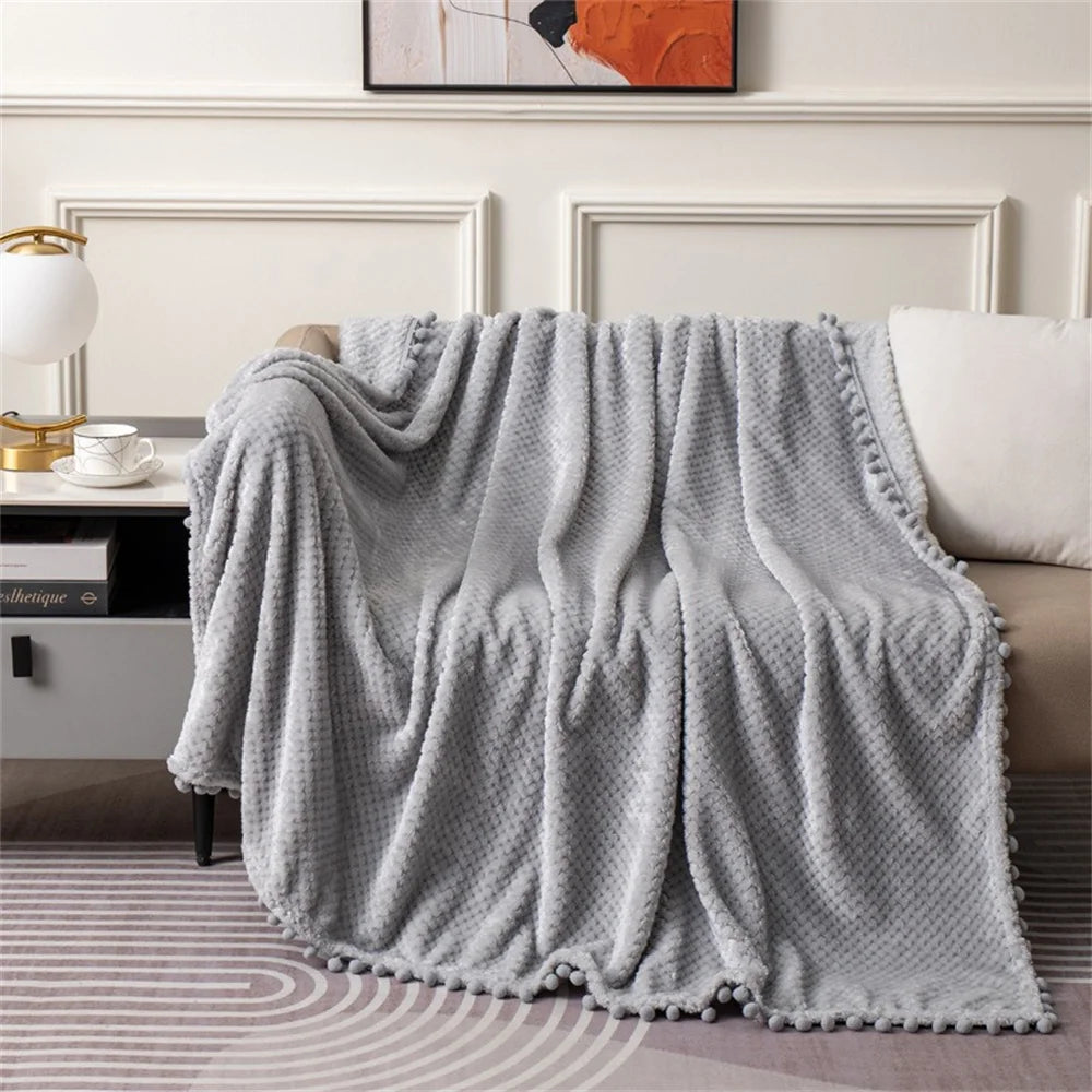 couverture tricotée polyester blanc motif pompons douce hiver décoration chambre coucher