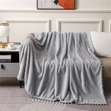 couverture tricotée polyester blanc motif pompons douce hiver décoration chambre coucher