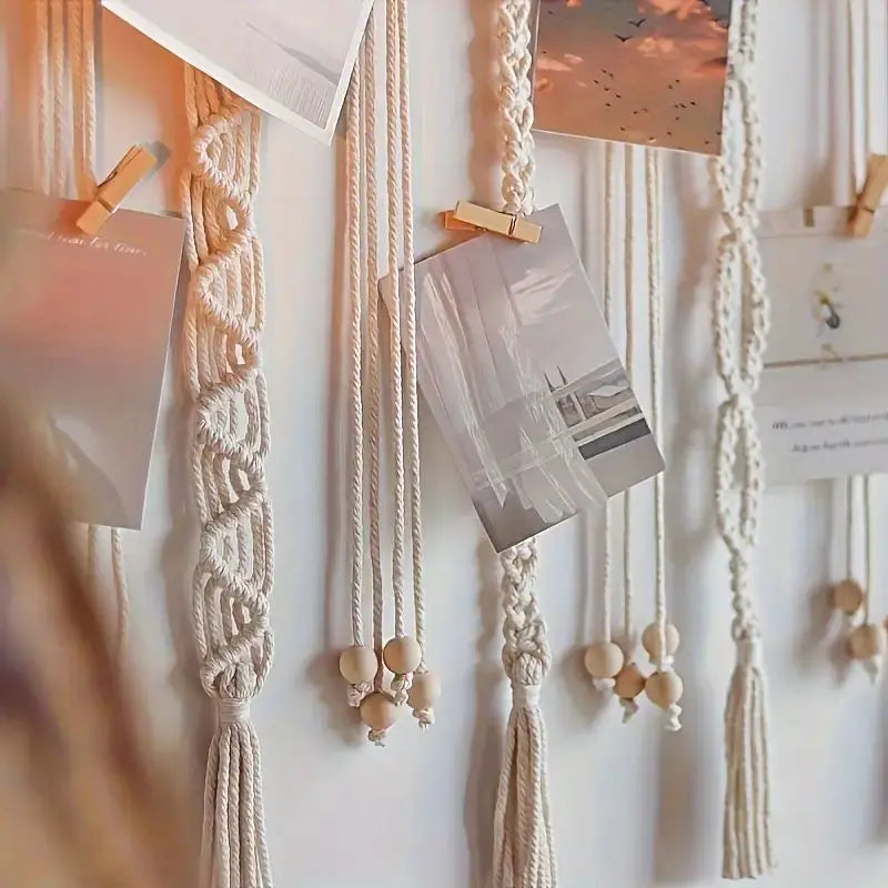 cadre mural macramé boho blanc motifs géométriques clips bois photos notes peigne