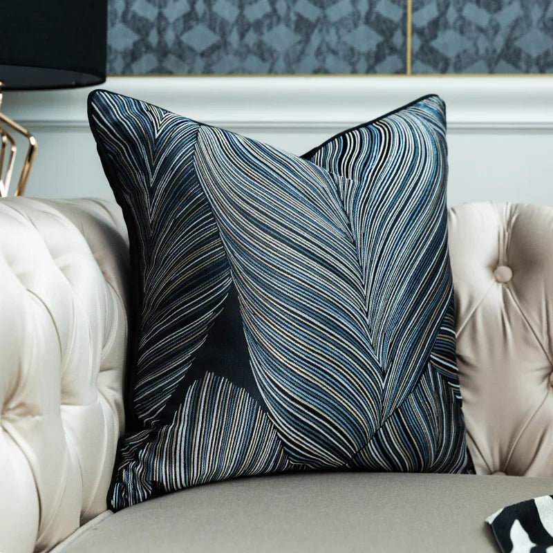housse coussin carré contemporain motif feuilles dorées bleu marine polyester adhésif decoration maison 30x50cm