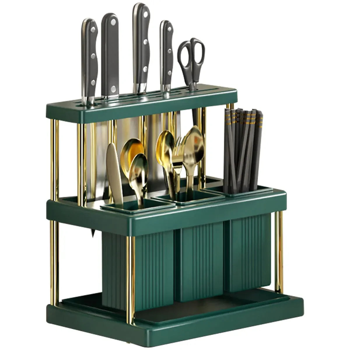 support cuisine moderne vert rayures couteaux fourchettes cuillères scies baguettes organiser gain place
