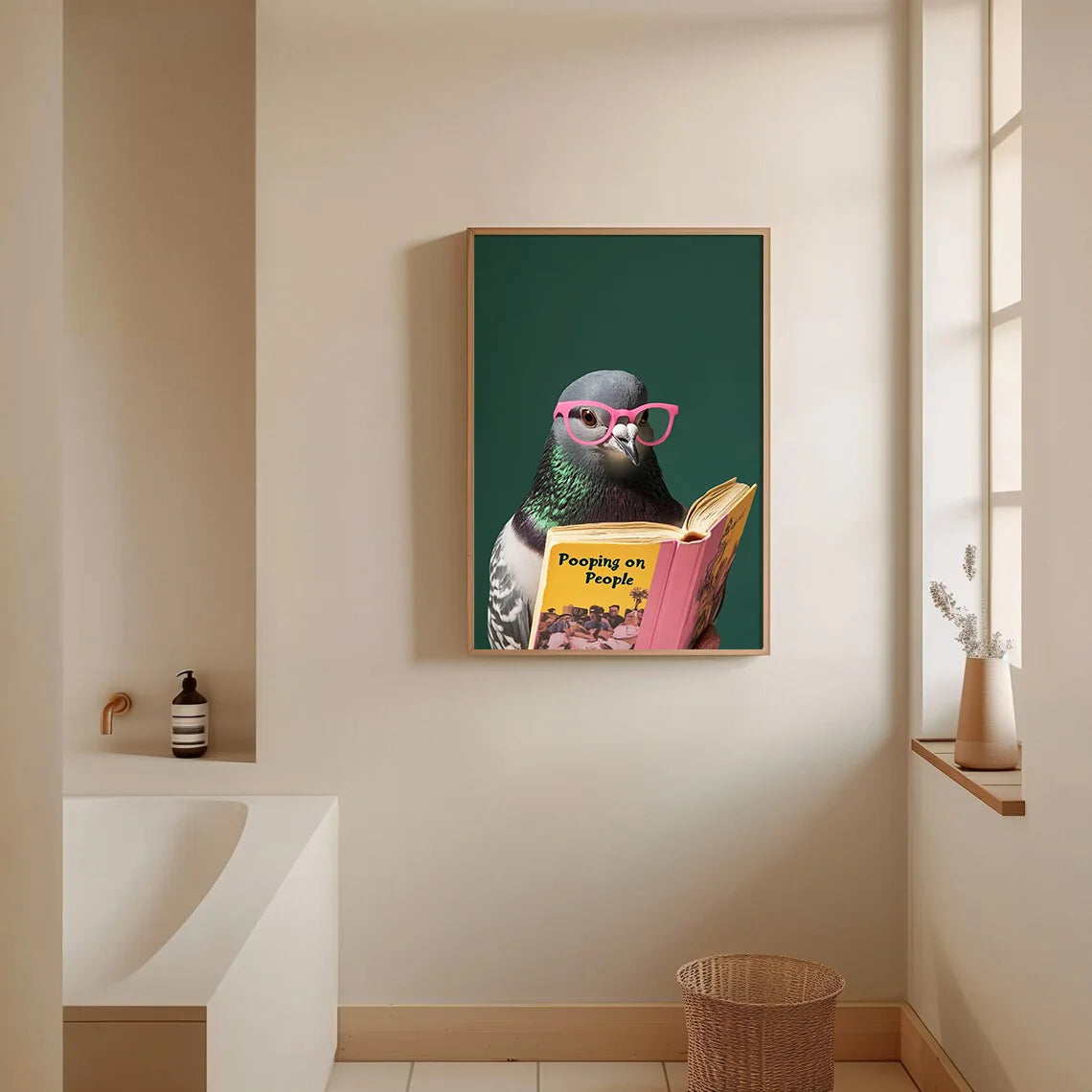 affiche murale humoristique oiseau livre texte moderne salle bain décoration maison vert foncé gris