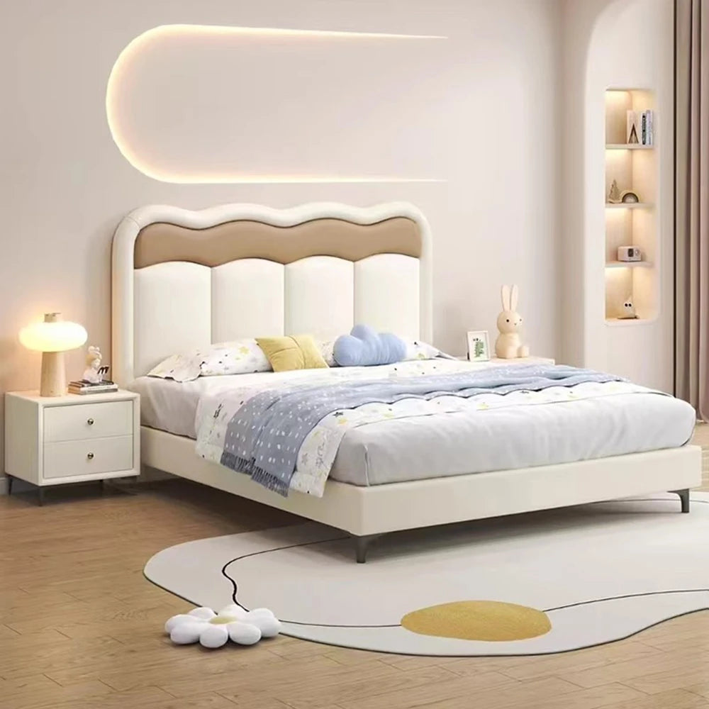 lit double moderne beige simili cuir oreiller coussin blanc dimensions 120x200cm