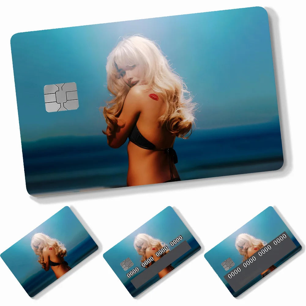 autocollants carte crédit sabrina carpenter adhésifs personnalisables moderne bleu clair noir doré imprimé maillot