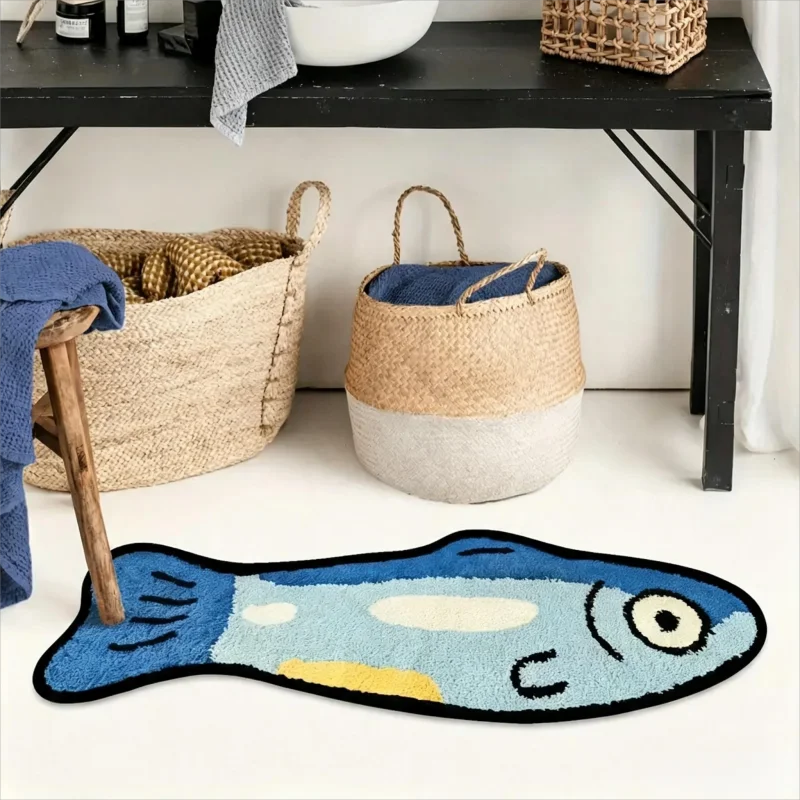 tapis antidérapant polyester poisson vague moderne bleu blanc chambre enfants salon entrée