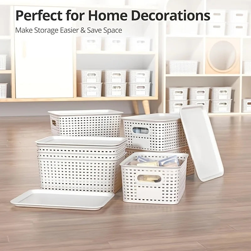 boîtes rangement réutiliables tressées gris blanc modernes minimalistes pièces couvercles plastique