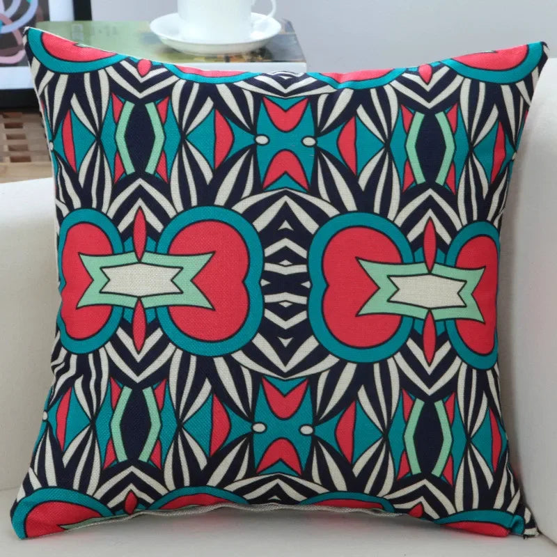 housse coussin imprimée moderne motifs géométriques bleu rouge noir 45x45cm