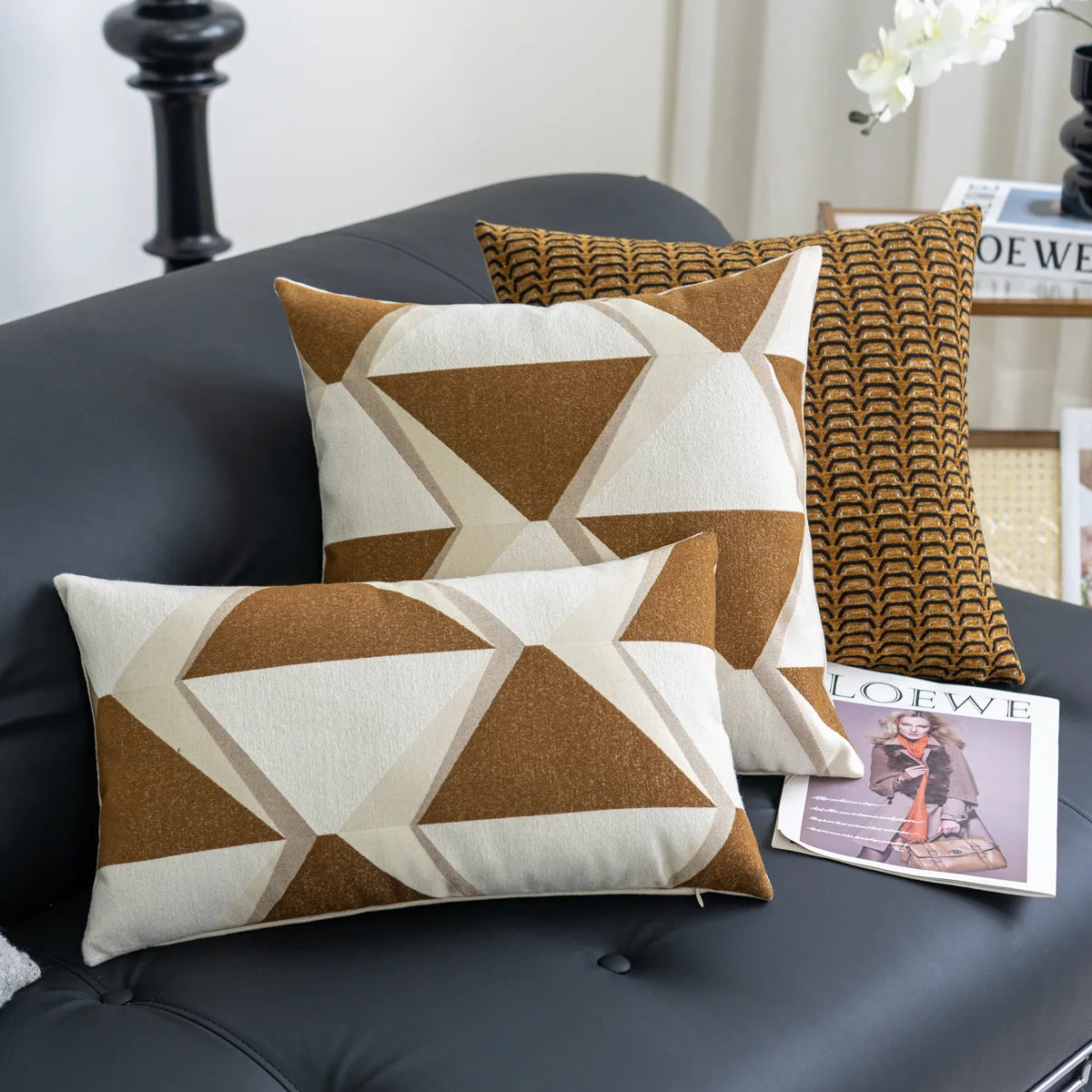 coussin housses polyester géométrique nordique beige marron contemporain opacité adhésif salon voiture decoration