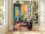 tableau moderne expressionniste abstrait jaune vert noir peinture intérieure décoration maison personnage livres plante