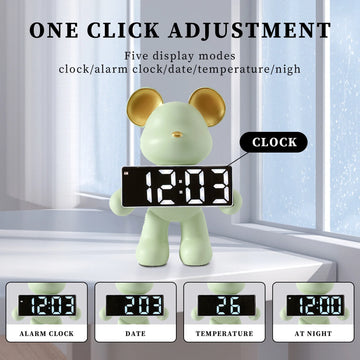 horloge table verte ours numérique contemporaine mignonne dorée affichage led