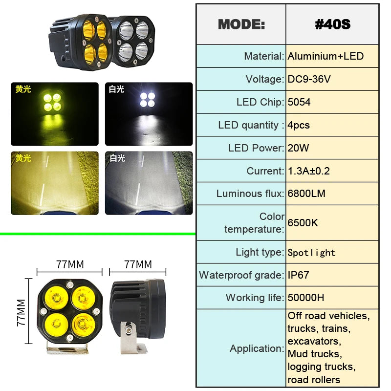 projecteurs led travail 40w ip67 jaune blanc noir modernes robustes