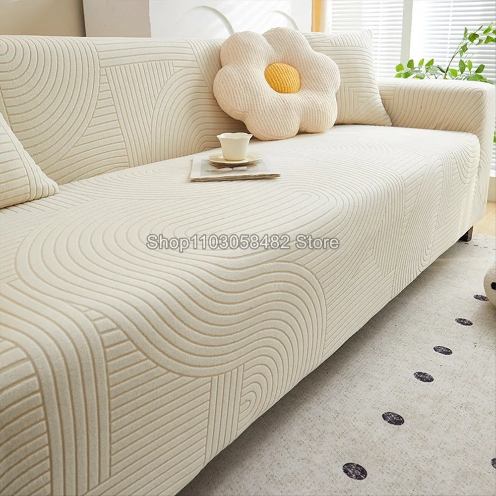 housse canapé beige clair rayures ondulées polaire élastique moderne salon fauteuil coussin décoratif
