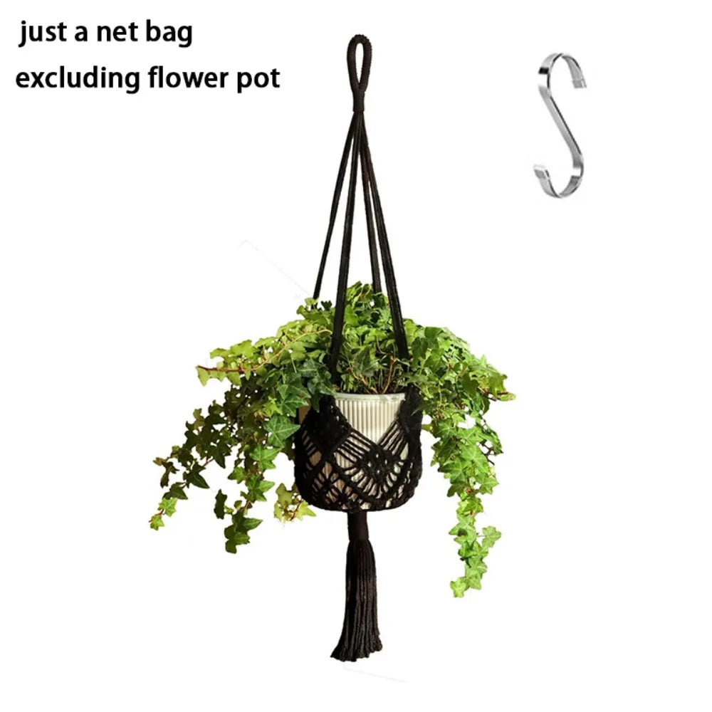 Sac plante suspendu macramé boho pot blanc anneaux beiges noirsintérieurextérieur