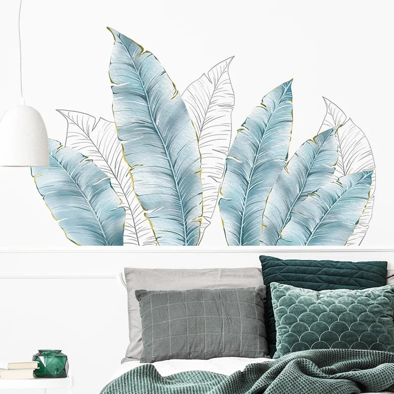 sticker mural feuilles palmier bleu clair blanc doré moderne décoration intérieure adhésif auto collant