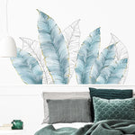 sticker mural feuilles palmier bleu clair blanc doré moderne décoration intérieure adhésif auto collant