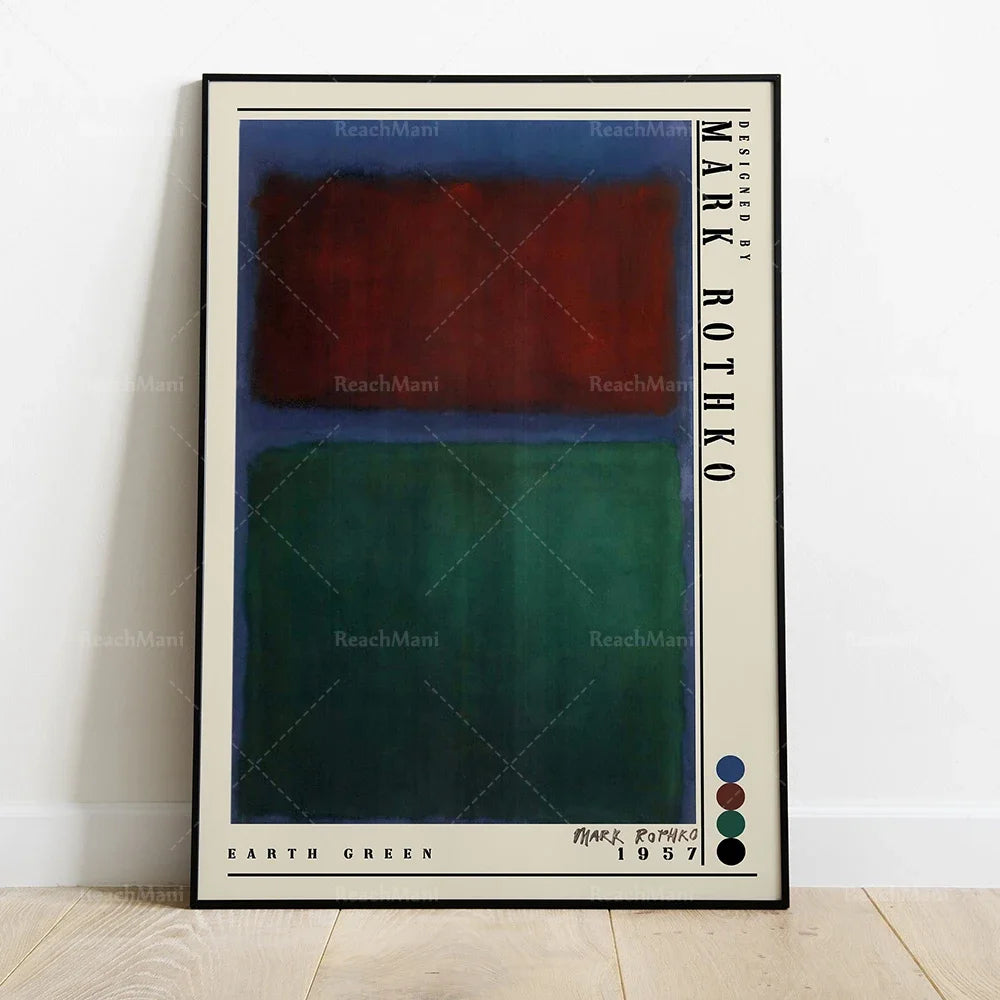 Cette image représente une oeuvre d'art abstraite composée de formes géométriques de couleurs terre verte et brun rougeâtre, créée par l'artiste Mark Rothko en 1957.