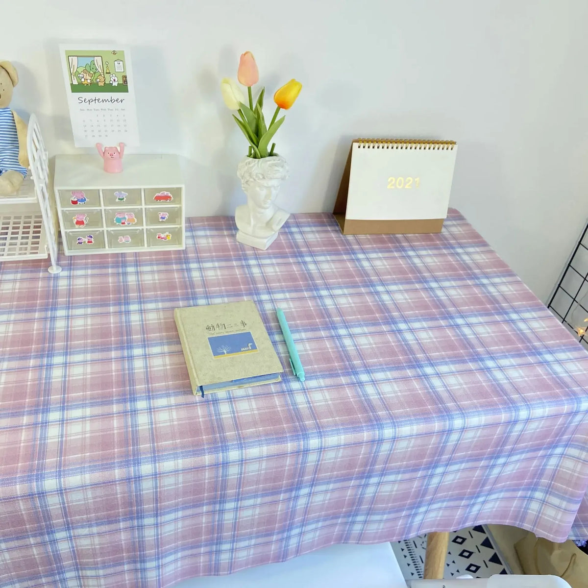 nappe rectangulaire carreaux bleu clair rose moderne polyester maison mariage fête