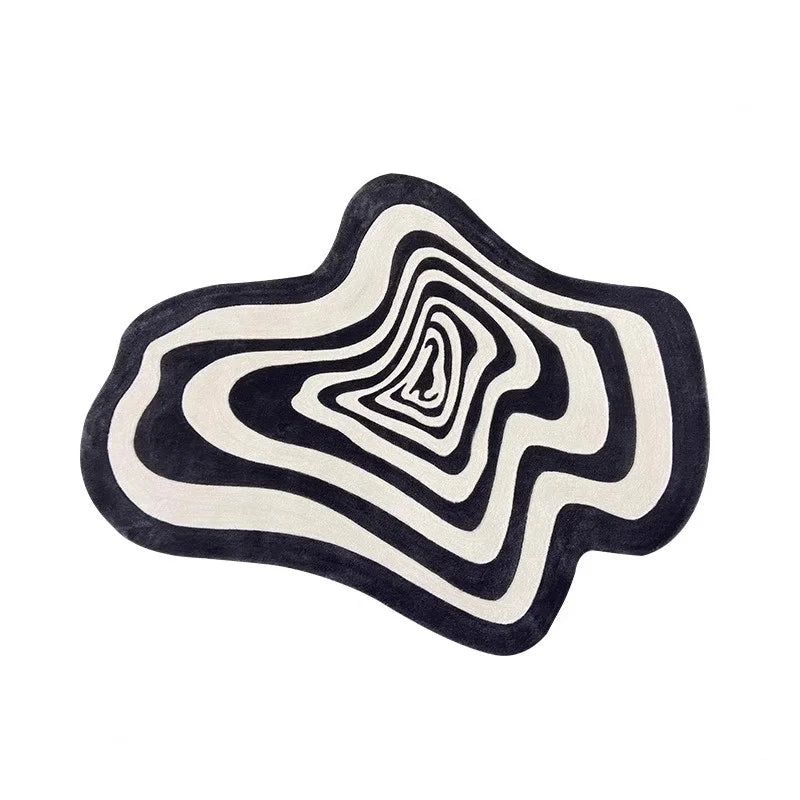 tapis salon moderne noir blanc motif géométrique rayures concentriques antidérapant intérieur maison polyester