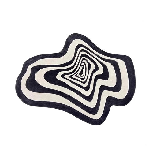 tapis salon moderne noir blanc motif géométrique rayures concentriques antidérapant intérieur maison polyester