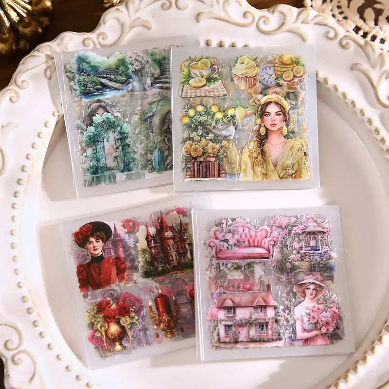 sticker floral vintage romantique rose beige jaune vert rouge blancscrição