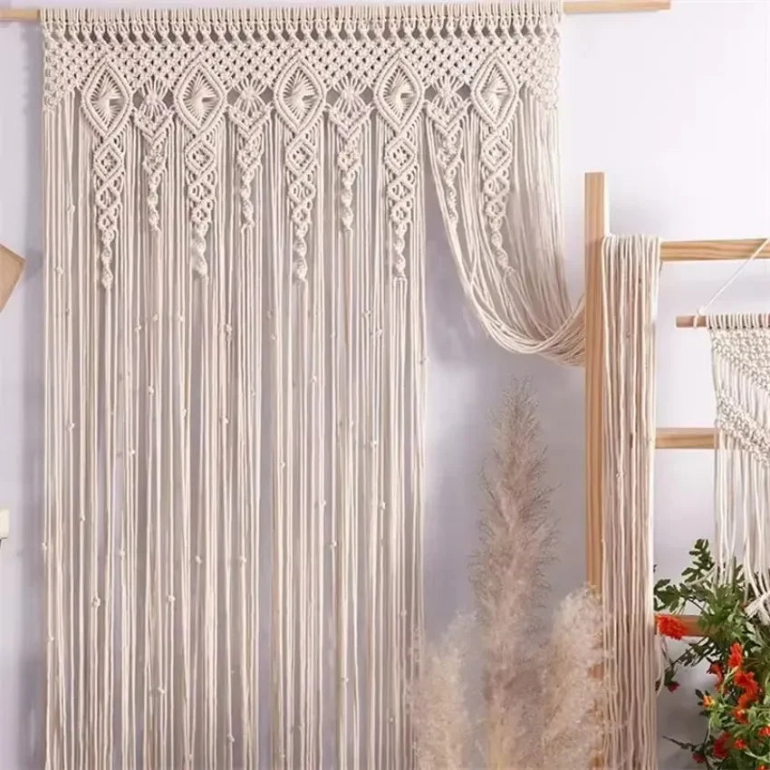 rideau macramé boho chic motifs géométriques franges tringle beige clair coton polyester decoration nouveau