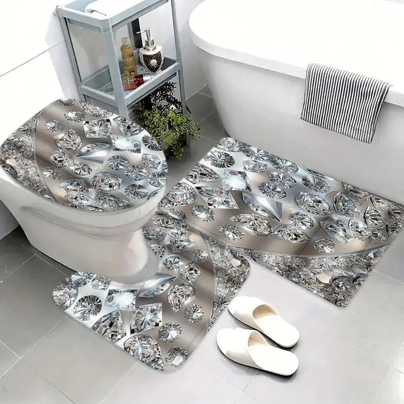 rideau douche moderne diamants gris blanc tapis antidérapant ensemble pièces crochets