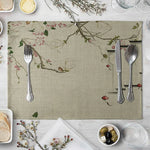 set table lin motif floral oiseaux vert beige blanc rose marron decoratif asiatique table
