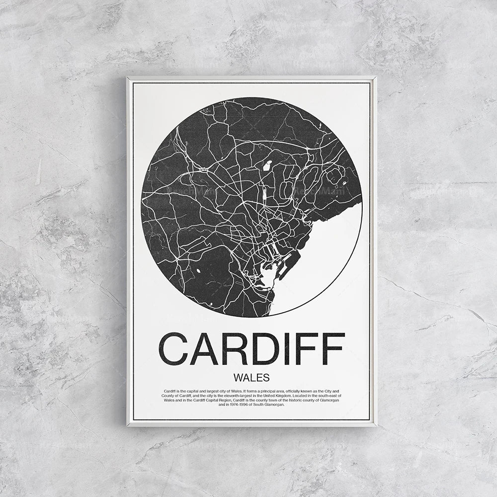 Affiche cartographique minimaliste en noir et blanc de la ville de Cardiff au Pays de Galles, montrant un plan de la ville dans un style graphique.