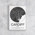 Affiche cartographique minimaliste en noir et blanc de la ville de Cardiff au Pays de Galles, montrant un plan de la ville dans un style graphique.