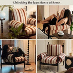 fauteuil rembourré moderne scandinave assise rayée couleur marron rouille coussins pieds apparents