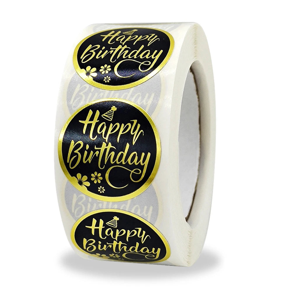 autocollants ronds joyeux anniversaire fleurs dorées étiquettes cadeaux fête décoration papier adhésif festif