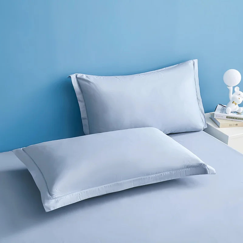 Des oreillers blancs sur fond bleu clair évoquent la tranquillité et la fraîcheur d'une chambre à coucher.