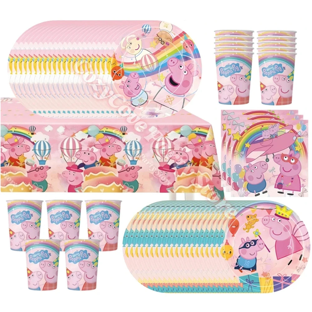 ensemble vaisselle jetable papier décoration anniversaire peppa pig nappe assiette gobelet serviette ballon bannière