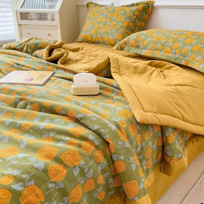 couvre lit fleuri orange bleu jaune vert moderne coton polyester été imprimé 200x230cm lavable