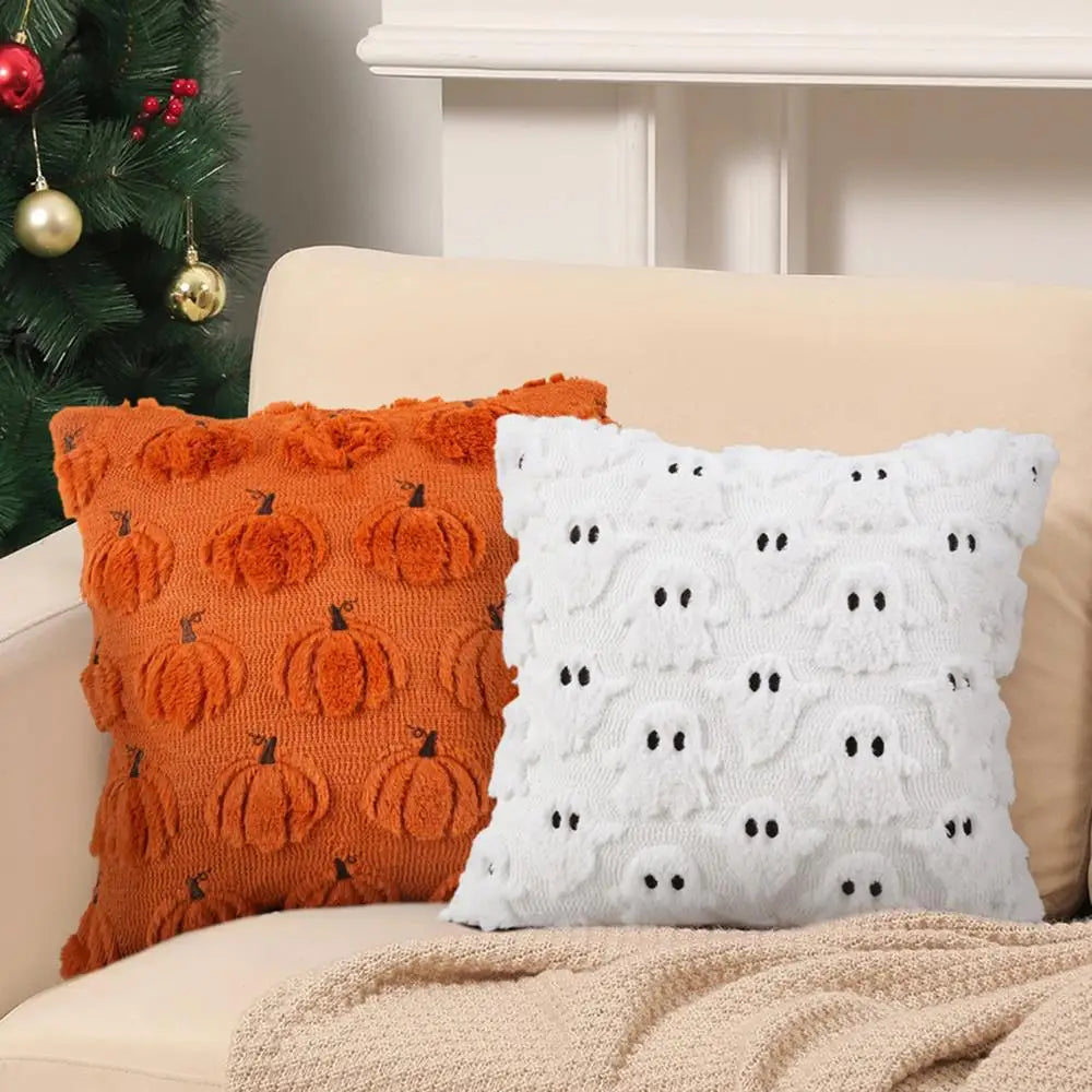 coussin halloween blanc orange citrouilles fantômes doux épais décoration festive