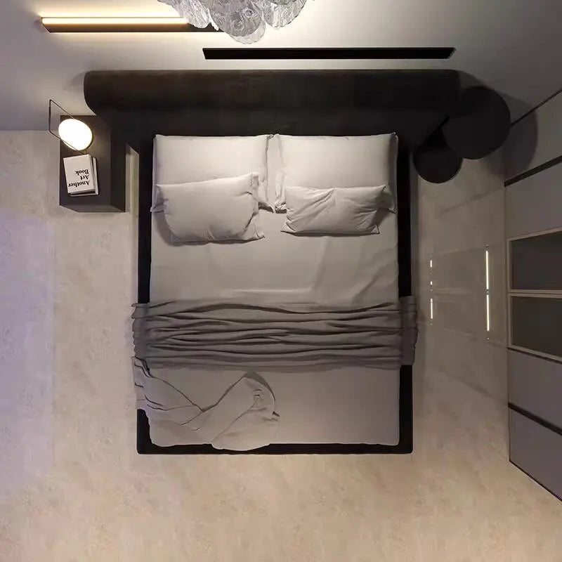 lit moderne bois noir tapis table chevet chambre coucher minimaliste
