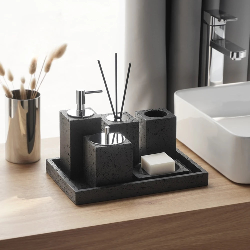 ensemble accessoires salle bain céramique noire moderne distributeur savon porte brosse dents