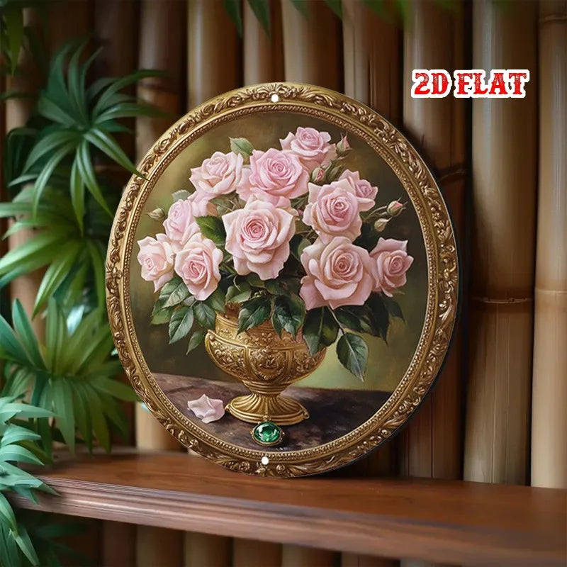 tableau mural classique bouquet roses vase doré élégant salon studio décor or rose verte
