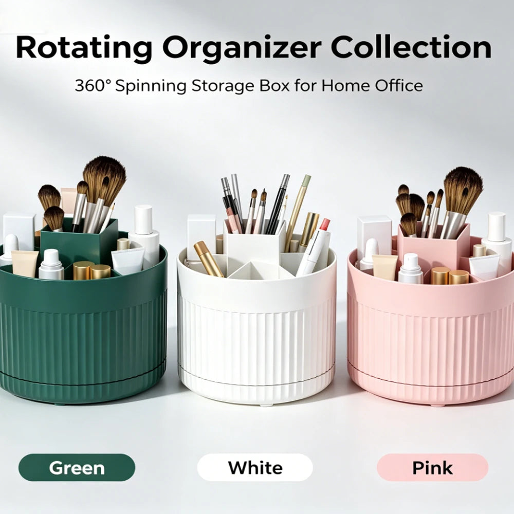 boîte rangement rotative moderne vert blanc rose texture riblée maquillage pinceaux cosmétiques stylos ciseaux